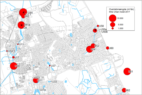 Kort over årligt aflastede mængder fra regnbetingede for alle overløbsbygværker i Hørsholm Kommune, som beregnet af Novafos A/S i 2017. Størrelsen på den røde cirkel illustrerer størrelsen på den årlige aflastning af opspædet spildevand.