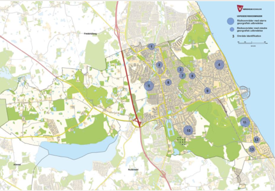 Kort over risikoområder i Hørsholm Kommune, fra kommunens klimatilpasningsplan. Cirklens størrelse angiver risikoområdets geografiske udbredelse, og tallet identificerer det enkelte område.