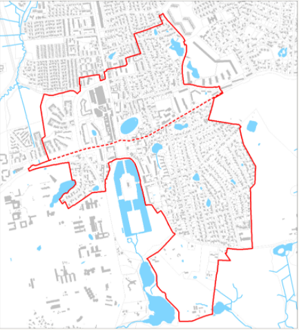 Kortudsnit over en del af Hørsholm Kommune.  Det røde omrids viser oplandet til blårenden, som indeholdes i separatkloakeringsprojektet som defineret i det tidligere Tillæg 3 til Spildevandsplan 2012-2016. Den stiplede linje indikerer en underopdeling af oplandet, med Søvandskvarteret syd for linjen.