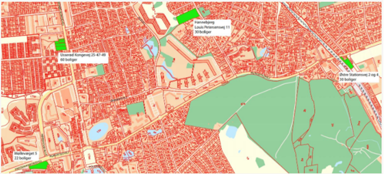 Kortudsnit over en del af Hørsholm Kommune omkring Rungstedvej. Der er i kortet indskrevet fire adresse, hvor separatkloakering er planlagt inden udgangen af planperioden for Spildevandsplan 2018-2024.